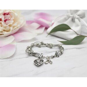 Brighton Alcazar Heart Triple Strand Charm Bracelet Silver Tone Crystal 6.5-7 in